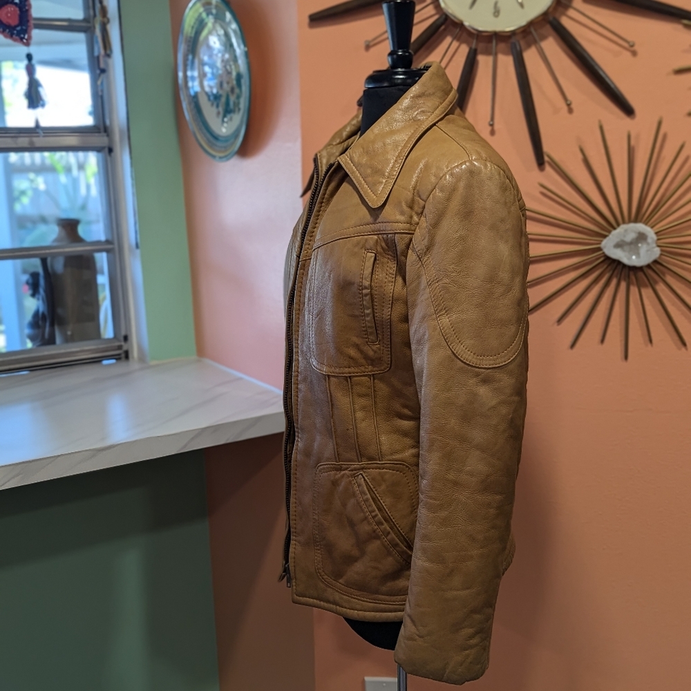 Vintage Tan Leather Zip Front Jacket - Picture 9 of 15